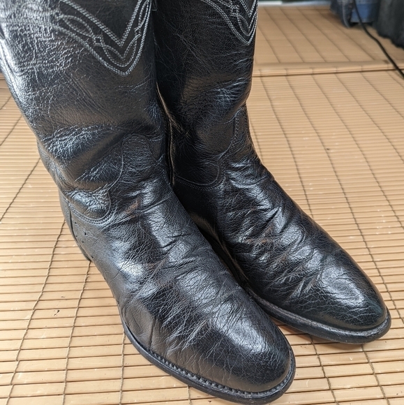 Justin Boots, Black, Exotic Smooth Ostrich Quill leather, Ropers, Mens Size 8D. - Picture 1 of 10